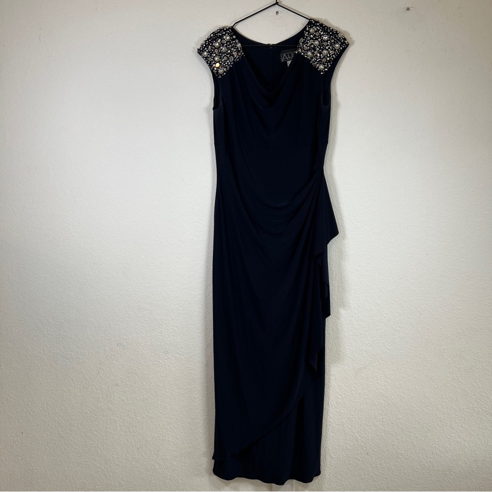 Alex Evenings Blue Ruched Maxi Gown Cap Sleeve size 12